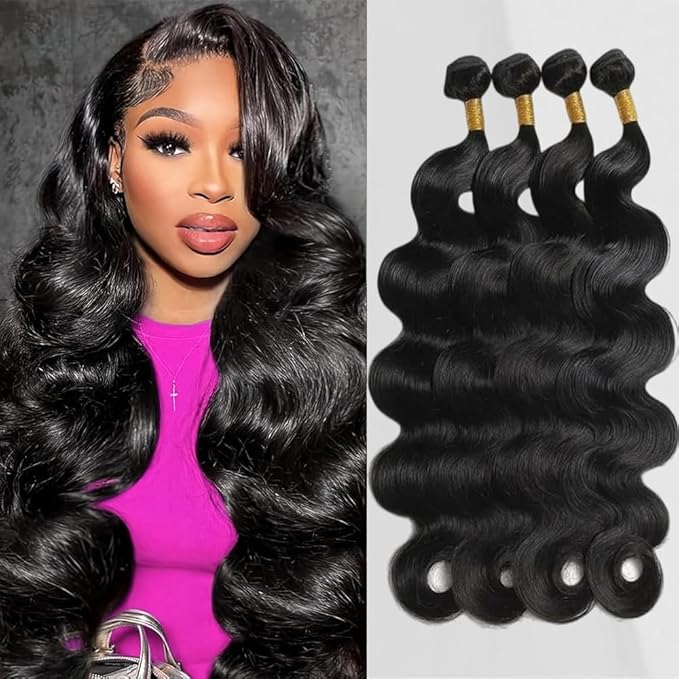 Body Wave Bundles Human Hair 20 22 24 26 Inch 4 Bundles Natural Black Quick Weave Bundles Human Hair 12A Brazilian 100% Real Human Hair Extensions