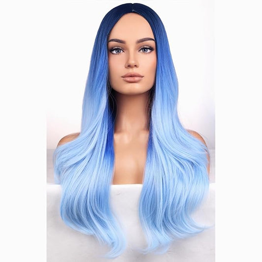 BERON Blue Wigs Long Wavy Wig for Women Girls Blue Ombre Colored Heat Resistant Synthetic Hair Wigs for Cosplay Party Daily or Use