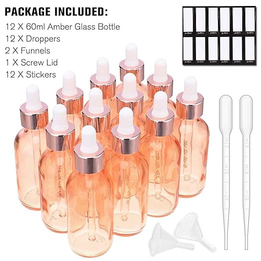 PrettyCare Glass Dropper bottle 2 oz (12 Pack Rose Eye Dropper Bottle 60 ml with Measured Pipettes, Golden Caps, Labels, Funnel) for Essential Oils, Beard Oil, Body Oil