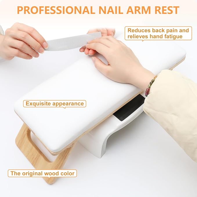 Arm Rest for Nails Tech, Professional Microfiber Leather Nail Arm Rest, Nail Pillow Rest Cushion with Soft High-Density Sponge, Solid Wood Non-slip Hand Rest Stand for Manicure Salon (White)