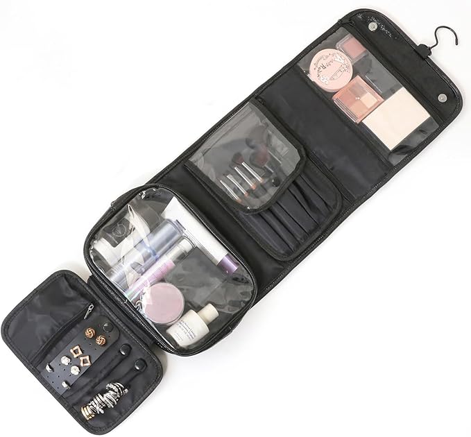 Travel Toiletry Bag for Women,Hanging Travel Toiletry Bag with Jewelry Organizer Compartment,Makeup Bag, Waterproof and Dirt Resistant, Travel Essentials, Medium,Bright Black