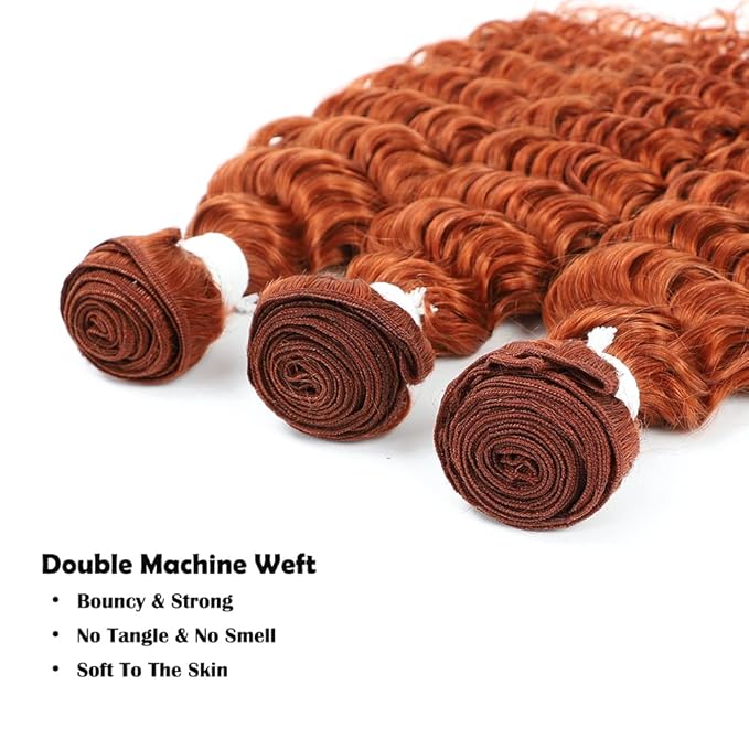 Deep Wave Human Hair Bundles with Closure Ginger Orange Brazilian Virgin Human Hair Bundles 12 14 16 Inch with Closure 10 Inch Burnt Orange Curly Weave Hair Extension