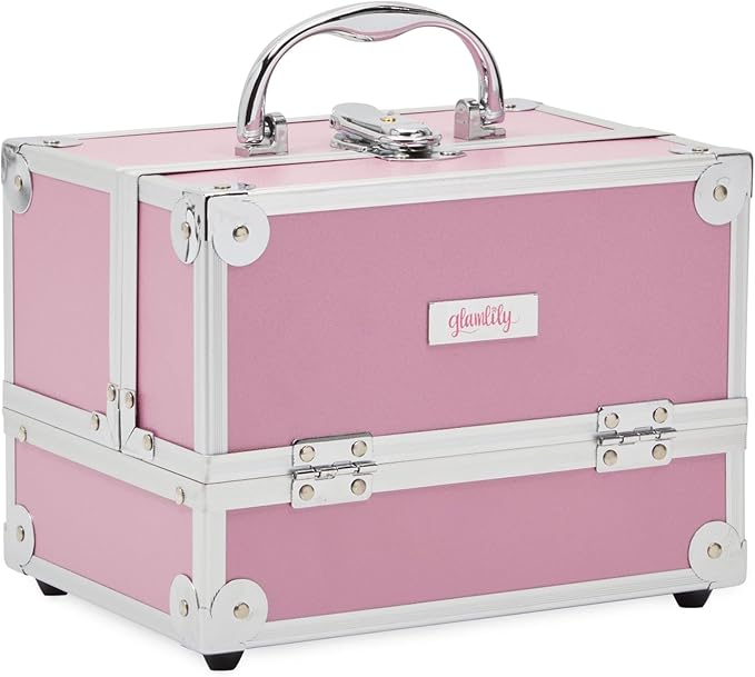 Pink Makeup Train Case with Lock and 2 Keys, 3-Tier Cosmetic Storage Box