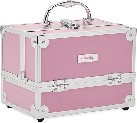 Pink Makeup Train Case with Lock and 2 Keys, 3-Tier Cosmetic Storage Box