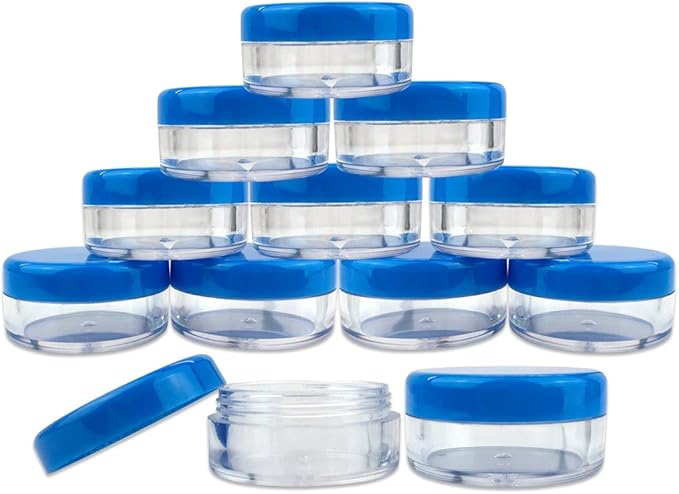 Beauticom (Quantity: 200 Pieces) 5G/5ML Round Clear Jars with Blue Lids for Scrubs, Oils, Toner, Salves, Creams, Lotions, Makeup Samples, Lip Balms