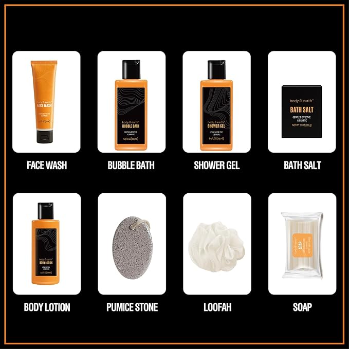 Gift Baskets for Men - Bath Spa Gift Set, Body and Earth Citrus Scented Mens Bath Set with Body Lotion, Face Wash, Shower Gel, Bubble Bath, Loofa & More, Father's Day Gifts