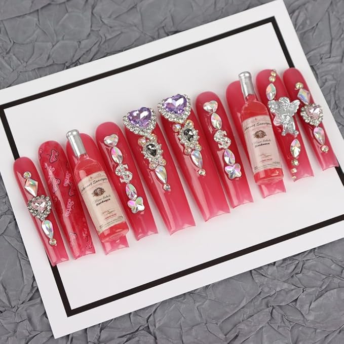 Handmade 3D Extra Long Tips Acrylic Rose Wine Bar Colorful Press On Nails,Salon False Nails with Design Nail Art Gifts for Women and Girls,Reusable Stick On Nails 10Pcs,Size M