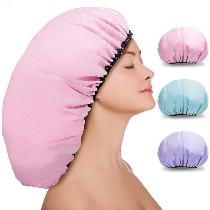 3 Pcs 16.5" Super Extra Large Shower Cap, Reusable Dual Waterproof Satin Lined XXL Adjustable Hair Cap for Braids & Long Hair, Locs Dreadlocks