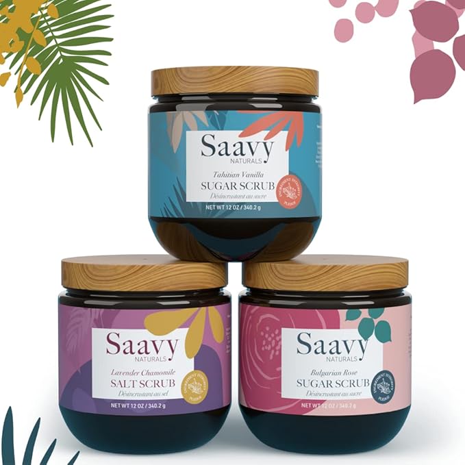 Saavy Naturals Tahitian Vanilla Sugar Scrub, Relaxing Scented Body Sugar Scrub Exfoliator, Vegan Sugar Scrub with Vitamin E, and More, Luxe Vanilla Scrub Gift Set, 12 Oz, 2 Pack