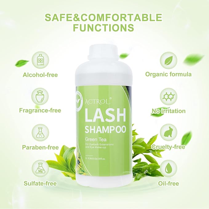 Eyelash Extension Cleanser Green Tea 1L Natural Lash Extension Shampoo Professional Eyelid Foaming Cleanser Paraben & Sulfate Free Non-lrritating with Salon and Home Care