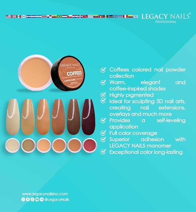 Legacy Nails Professional COLLECTION Acrylic Powder Kit 6 Colors Nail Art Set for Manicure DIY for Dip & Acrylic Nail Extensions (COFFEES COLLECTION)