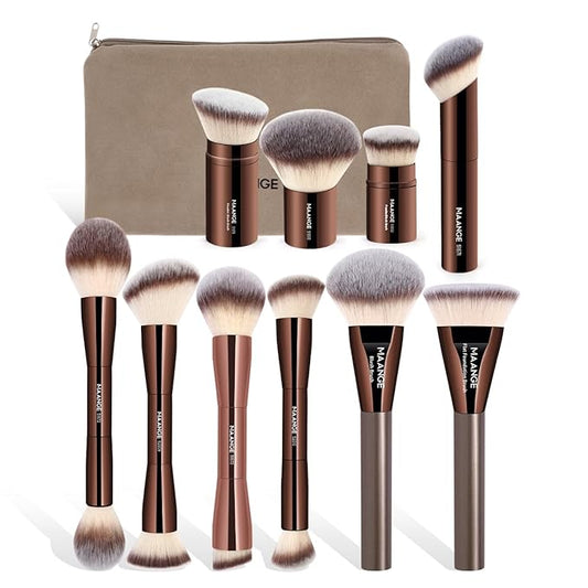 MAANGE Makeup Brush Set 10 Pcs Makeup Brushes with Zipper Bag, Double-End Multi-functional Make Up Brushes for Blending Liquid Powder Concealer Cream Blush Buffe,CoffeeBrown