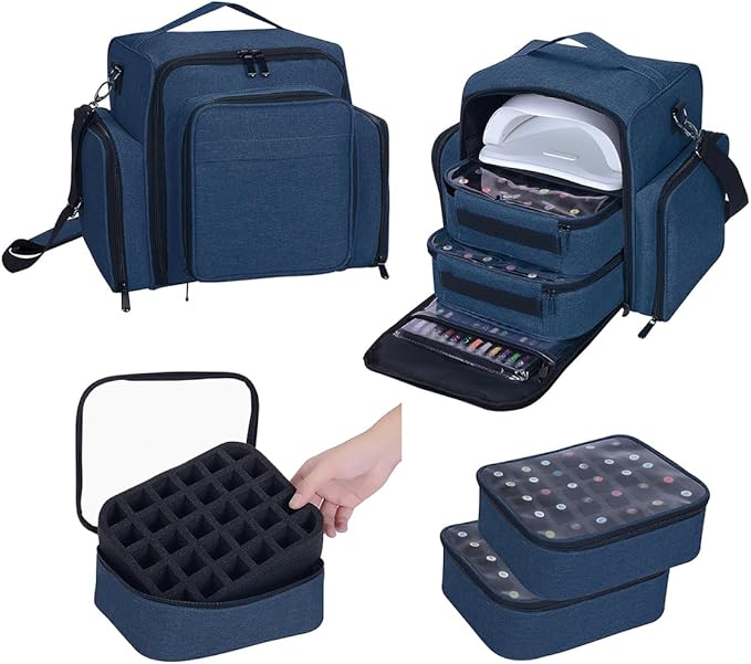 Nail Polish Organizer Case Holds 60 Bottles Portable Travel Storage Box with 2 Detachable Bags, Designed for Women's Nail Tools, Essential Oils and Cosmetics Sets Blue