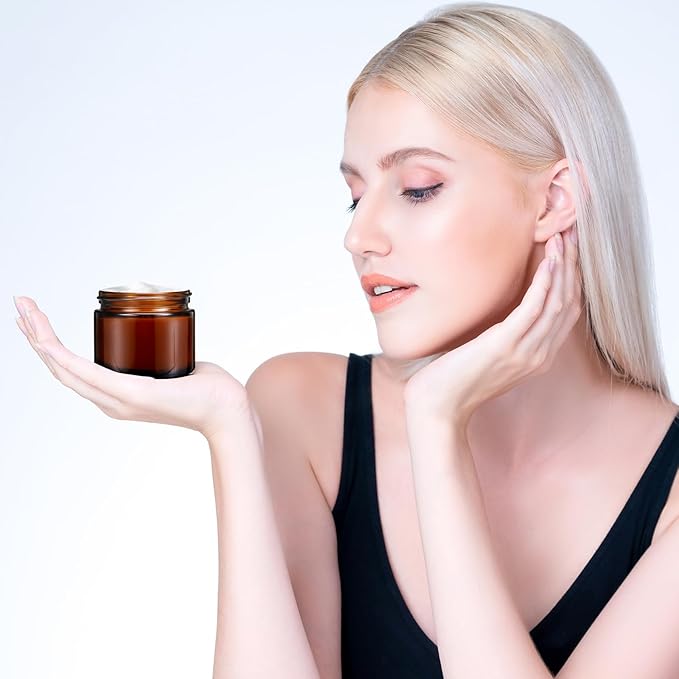 Domensi 48 Pcs 2 oz Glass Jars with Lids Travel Size Round Leakproof Empty Cosmetic Jars with Inner Liners Lid for Storing Makeup Lotions Face Cream Ointments Candle DIY Making (Amber)