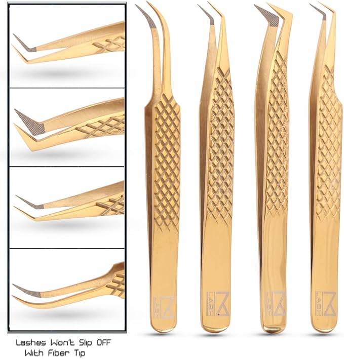 M LASH Tweezers for Eyelash Extensions (Set of 4) - Professional Lash Extension Tweezers - Fiber Tip, Japanese Steel, Diamond Grip Eyelash Extension Tweezer (Gold)