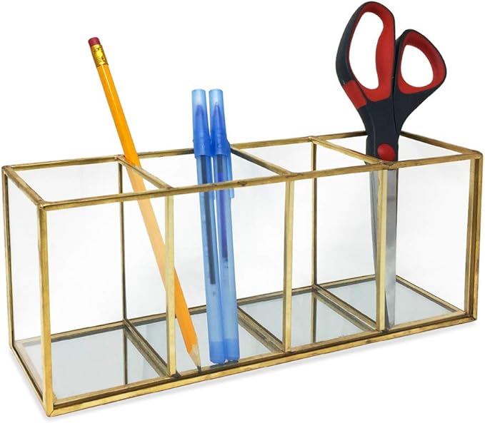 Isaac Jacobs 4-Compartment Organizer- Makeup Brush Holder- Vintage Style Brass and Glass Storage Solution with Mirror Base- Office, Bathroom, Kitchen Supplies and More (Antique Gold)