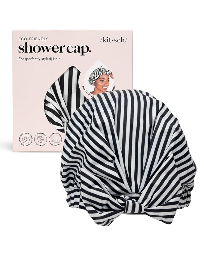 Kitsch Luxury Shower Caps for Women Reusable Waterproof - Large Shower Cap for Women and Men, Non-slip, Quick-dry Hair Cap for Long & Short Hair, Comfortable and Stylish Design - Stripe