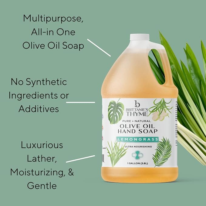 Brittanie's Pure Organic Castile Liquid Olive Oil Soap Refill, Lemongrass, 1 Gallon | Face, Body Wash, Dishes, Pets & Laundry | Vegan & Gluten Free Non-GMO