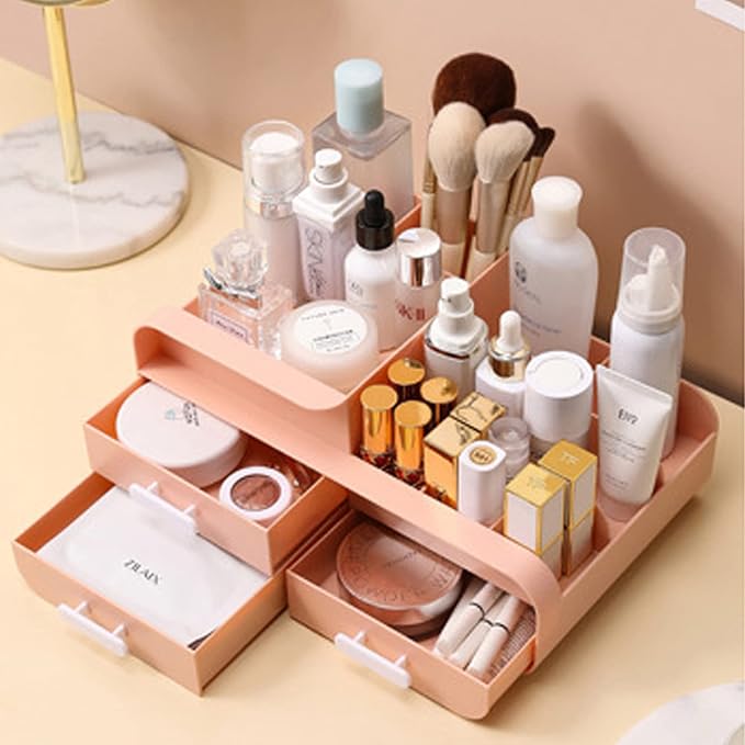 skin care organizer,Makeup Desk Organizer With Drawers,Countertop Organizer for Cosmetics,Vanity brush with Holder for Lipstick, Brushes, Eyeshadow, and Desktop (Light pink)