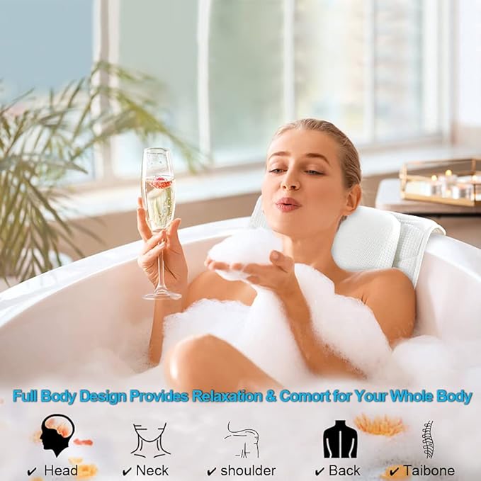 Full Body Bath Pillow, Bath Pillows for tub with Mesh Washing Bag & 21 Non-Slip Suction Cups, Spa Bathtub Pillow for Head Neck Shoulder and Back Support - 5D Air Mesh & Quick Drying
