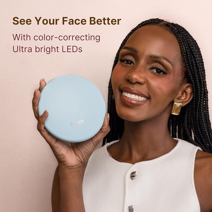 Fancii Taylor Rechargeable Compact Makeup Mirror with LED Lights, 10x /1x Magnifying, 3 Light Settings, Large 5” Wide | Travel Mirror for Purses (Soft Sky)