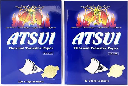 Atsui Tattoo Stencil Paper - Available in 20pcs Sheets, 100pcs Sheets, & 100 Feet Roll - Use by Hand or Stencil Machine - New and Improved Formula (20 Pack)
