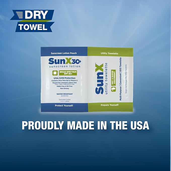 CoreTex Sun X 30+ Individual Sunscreen Packet & Dry Application Towels (25ct.) - Free of Parabens, Oxybenzone, Octinoxate - Oil Free, Broad Spectrum (UVA/UVB) Sunscreen - Water Resistant Up to 80 Min.