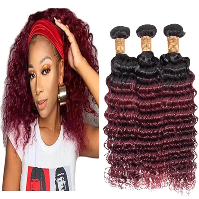 Ombre 1B99j Human Hair Loose Deep Wave Bundles Burgundy Deep Wave Bundles Black Mixed With Burgundy Two Tone Brazilian Human Hair Extensions Soft and Silky for Black Women 20 22 24 Inch