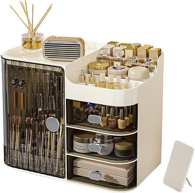 Cosmetics Display Case with Mirror, Large Capacity Cosmetic Storage Box with Drawers, Dust and Waterproof Makeup Organizer, Skincare Jewelry Storage Box for Bedroom, Bathroom (Transparently black)