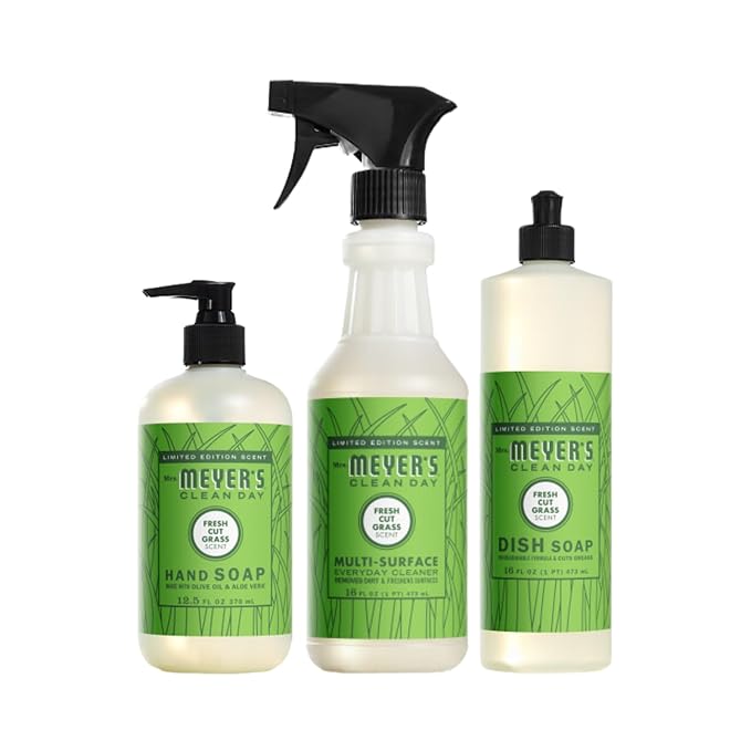 MRS. MEYER'S CLEAN DAY Fresh Cut Grass Scent Variety Pack, Liquid Hand Soap 12.5 FL OZ, Dish Soap 16 FL OZ, Multi-Surface Cleaner 16 FL OZ, 1 CT