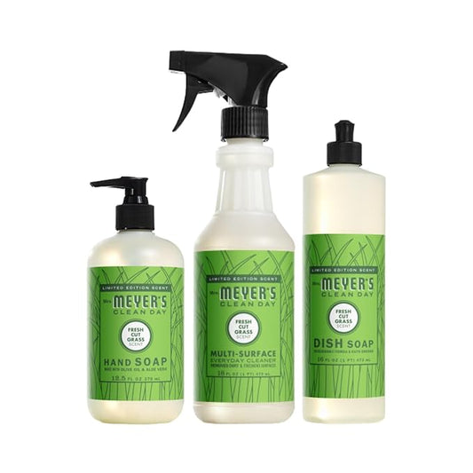 MRS. MEYER'S CLEAN DAY Fresh Cut Grass Scent Variety Pack, Liquid Hand Soap 12.5 FL OZ, Dish Soap 16 FL OZ, Multi-Surface Cleaner 16 FL OZ, 1 CT