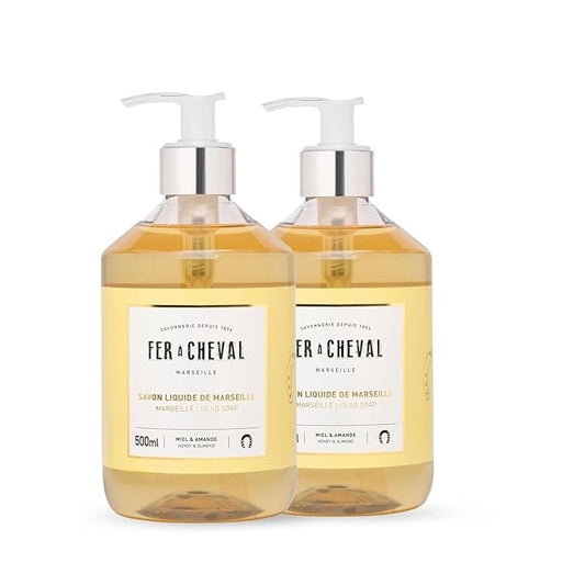Fer à Cheval Honey & Almond Nourishing Liquid Soap - Natural Almond & Coconut Oil Blend, Ultra Gentle & Moisturizing, Eco-Conscious - Set of 2, 500ml / 16.9 f oz