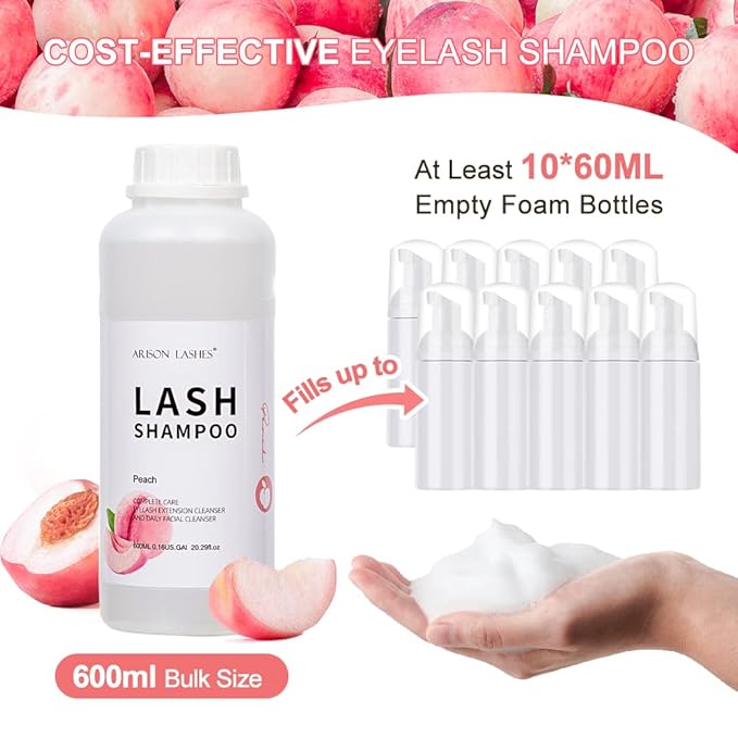 Arison Eyelash Eyelash Extension Shampoo 600ml/ Eyelid Foaming Cleanser/Wash for Extensions and Natural Lashes/Paraben & Sulfate Free Safe Makeup & / Professional & Self Use (Peach)