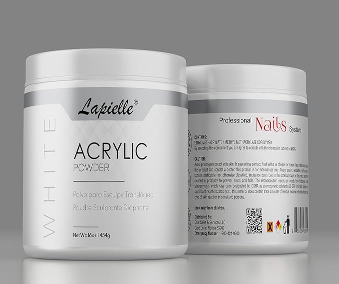 Professional Acrylic Powder for Nail Art. Long-lasting, Large capacity and quick dry. Quality Salon Manicure Nail extension CLEAR, PINK, & WHITE (16oz) (White)