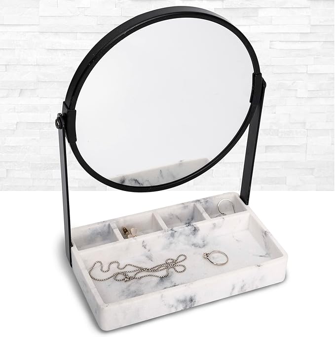 Vanity Mirror With Marble Tray, Two-Sided 6 Inches 1X/3X Magnification Makeup Mirror With Stand, Table Mirror