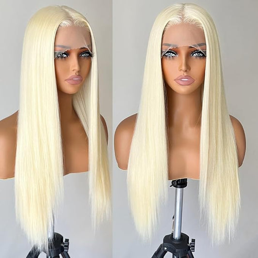 Blonde Lace Front 13x4x1 HD Lace Long Straight Glueless Wigs Pre Plucked White Blonde Wigs Yaki Straight Synthetic Lace Front Wig 26 Inch
