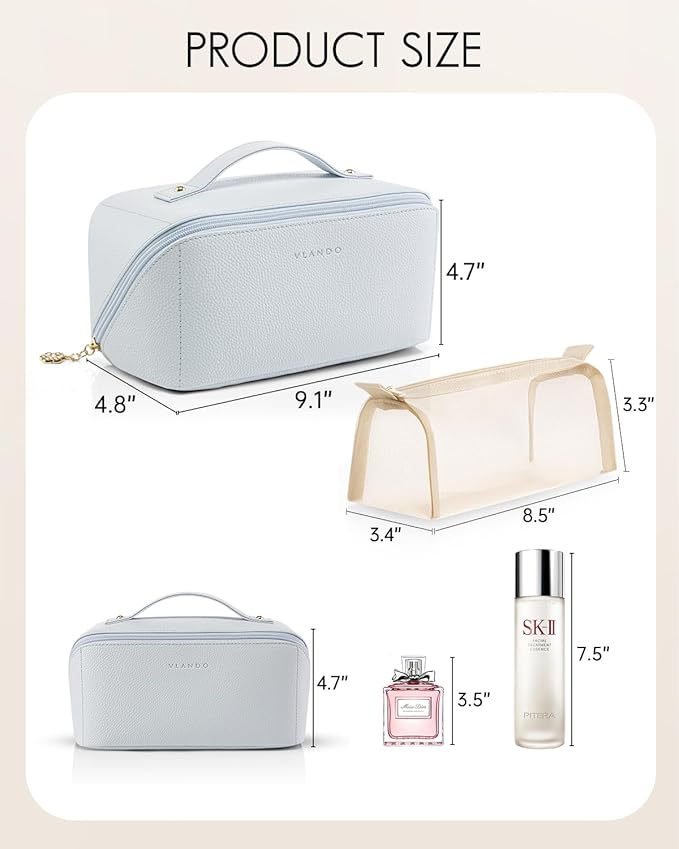 Vlando Makeup Bag,Travel Makeup Bag Waterproof Portable Cosmetic Bag PU Leather Open Flat Make up Organizer for Toiletries,Gifts for Teen Girls Women(Baby Blue)