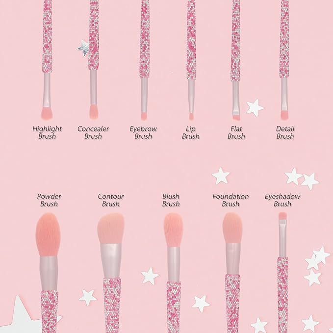 Professional Makeup Brushes Set 11PCS Bling Rhinestone Face Cosmetics Blending Liquid Foundation Powder Concealer Eye Shadows Make Up Beauty Tool Glitter (AB Pink)