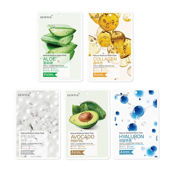 EUNYUL [PACK OF 50] Natural Sheet Mask Pack 5 types x 10 set/Aloe, Collagen, Pearl, Hyaluron, Avocado
