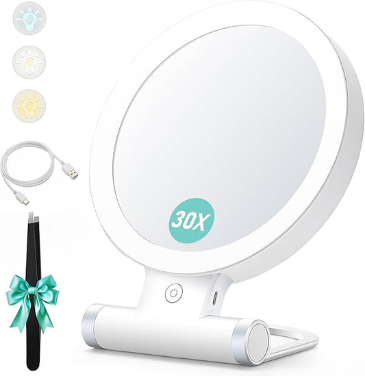 B Beauty Planet Magnifying Mirror with Light 30X/1X,Double Sided Tabletop Mirror with Adjustable Folding Handle,Cosmetic Mirror for Makeup/Travel, Tweezing, and Blackhead/Blemish Removal