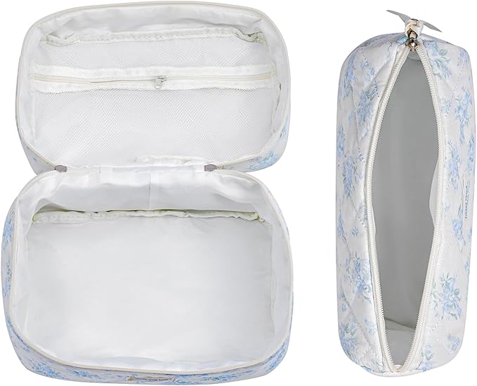 3pcs Large Cotton Quilted Makeup Bag Set,Coquette Aesthetic Cute Travel Toiletry Bag,Drawstring Gift Bag for Women and Girls(3Pcs Pink Bow)