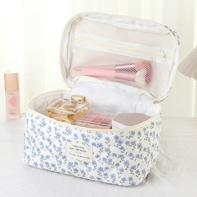 Makeup Bag, 3 PCS Quilted Makeup Bag, Cute Floral Cotton Cosmetic Bag set, Coquette Makeup Pouch Large Travel Toiletry Bag