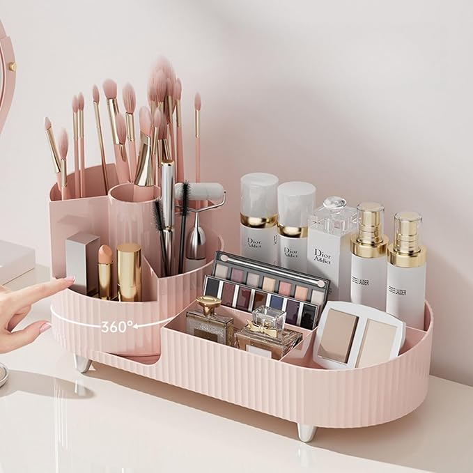 Rotating makeup organizer,Large Capacity Cosmetic Display Case, easy to hold all of your makeup products, at least 20 makeup brushes/eyeliner,10 lipsticks,8 skincare products(Pink)