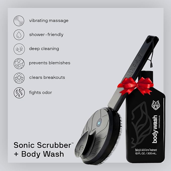 Black Wolf Body Wash & Sonic Scrubber Pro Kit for Men - Vibrating Face & Body Brush with Charcoal Powder Shower Gel, Water Resistant Massage Brush & Salicylic Acid Body Wash, Rich Lather & Deep Clean