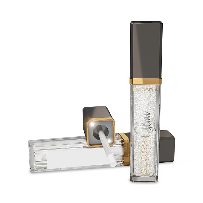 Mirabella Glow Light-Up Clear Shimmer Lip Gloss - LED Applicator with Mirror - Hydrating & Ultra-Moisturizing Formula with Jojoba Oil, Sweet Almond Oil & Vitamin E - .30 Fl Oz / 9ml
