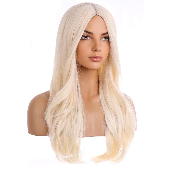 BERON Blonde Wigs for Women Girls Long Curly Wavy Wig Light Blonde Middle Part Hair Wig Heat Resistant Synthetic Fiber for Cosplay or Daily Use