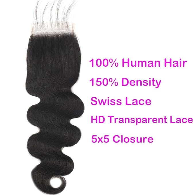 5x5 Transparent HD Lace Closure Body Wave Human Hair Closure Invisible Closure 12A Brazilian Virgin Human Hair Closure Free Part 5x5 100% Real Human Hair Pre Plucked Closure Natural Black 16 Inch