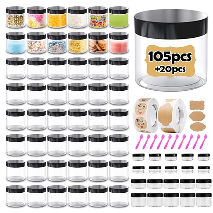 4 oz Plastic Containers with Lids 105pcs Bulk Plastic Jars with Lids + 3/5/10/20 Gram 20pcs Sample Containers Travel Jar– Great for Lip Scrub, Body Butters, Cream, Slime, Craft Storage