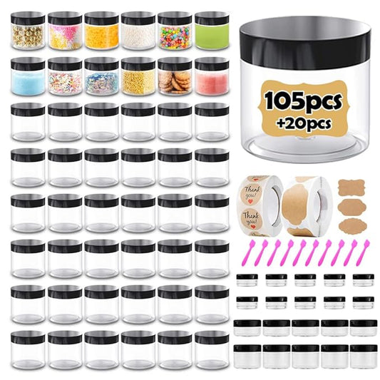 4 oz Plastic Containers with Lids 105pcs Bulk Plastic Jars with Lids + 3/5/10/20 Gram 20pcs Sample Containers Travel Jar– Great for Lip Scrub, Body Butters, Cream, Slime, Craft Storage