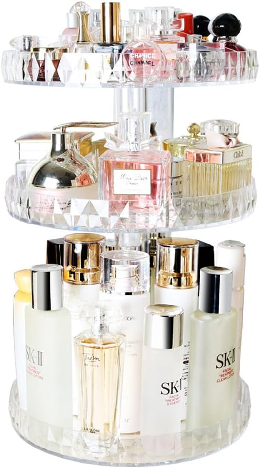 Diamond Pattern Three Layers Perfume Organizer, 360 Rotating Diamond Cosmetic Storage Box Transparent Acrylic Swivel Shelf Desktop Skin Care Product Dresser Finishing, Plus Size